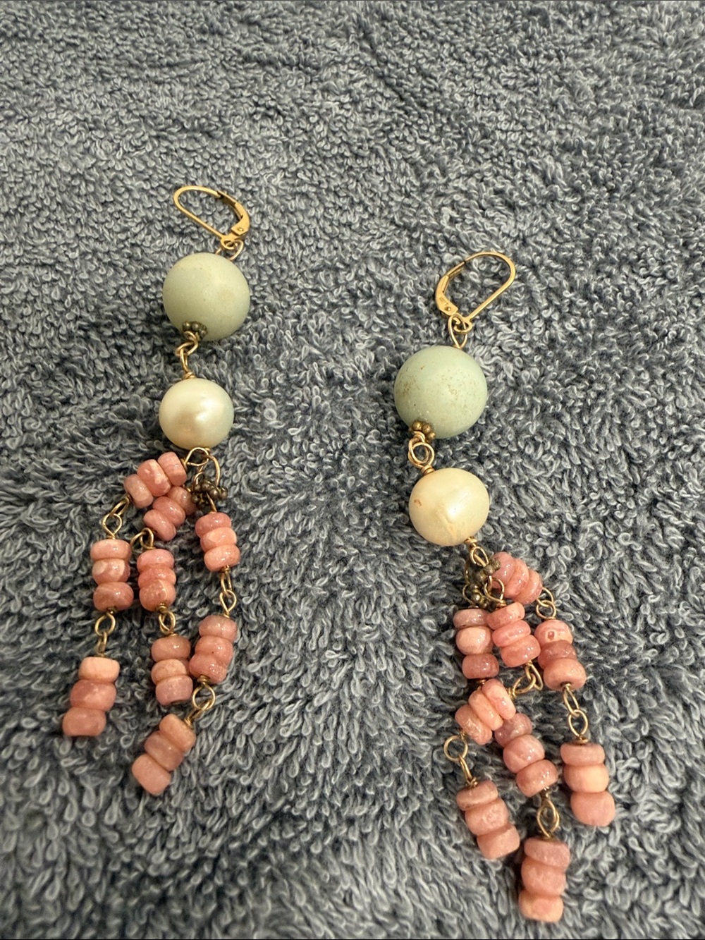 Neiman Marcus Pink and Mint Bead Dangle Earrings with Gold-Tone Hooks